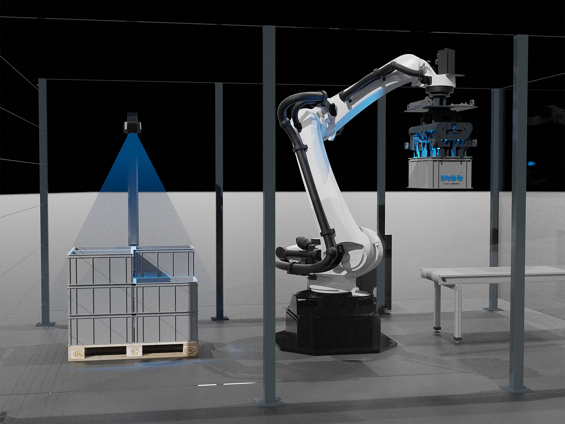 Ein vollautomatisiertes System von inos ermöglicht einfaches, schnelles und zuverlässiges Handling von Paletten in der Logistik.	A fully automated system from inos enables fast, simple and reliable handling of pallets in logistics.